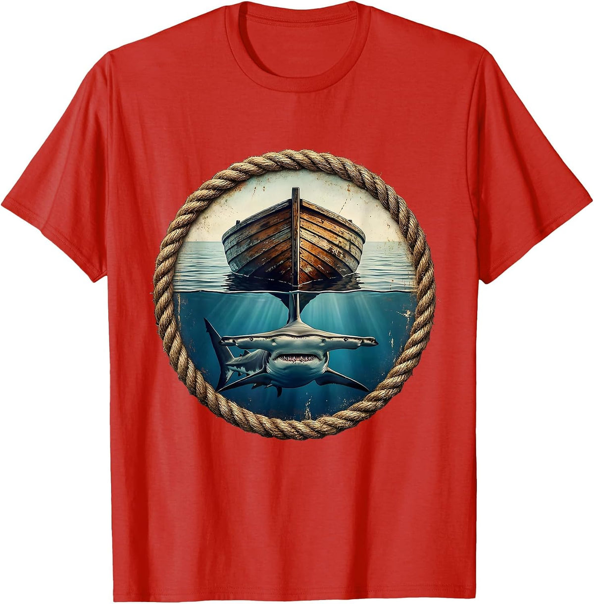 Men's Gulf of Mexico Hammerhead Shark Boat Hull Art T-Shirt - Red