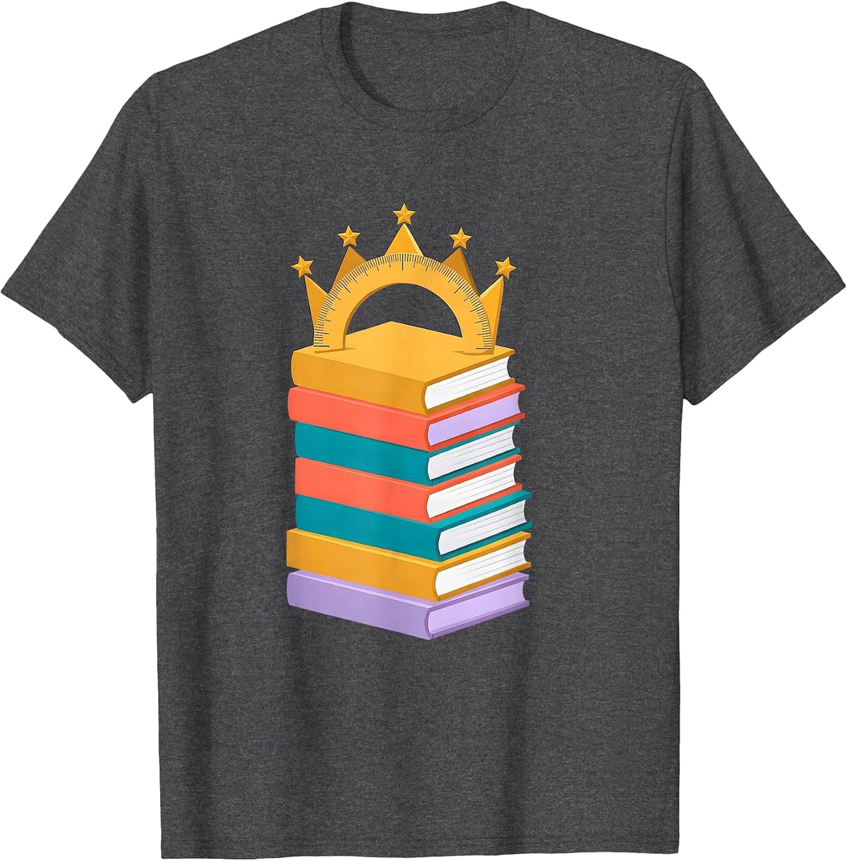 Preschool Teacher Ruler Crown Books Illustration T-Shirt - Dark Heather Grey