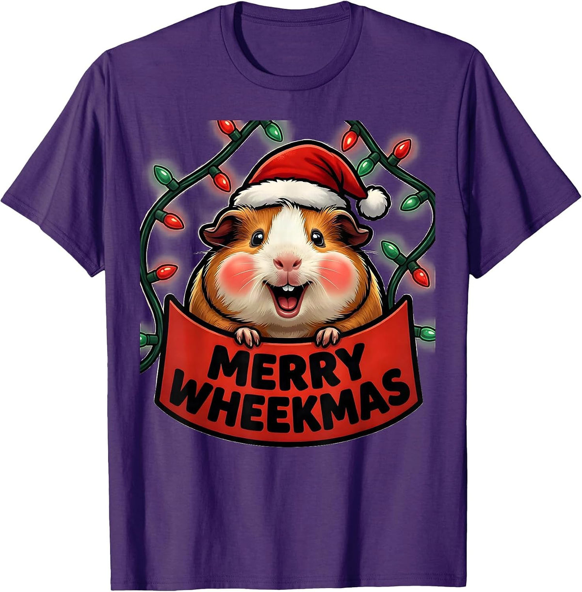Merry Wheekmas Cartoon Guinea Pig Santa Hat Pet Lover T-Shirt - Purple