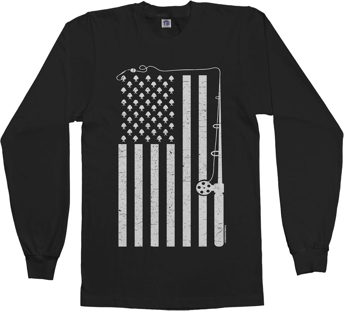 Threadrock Men's Fishing American Flag Long Sleeve T-Shirt - Black