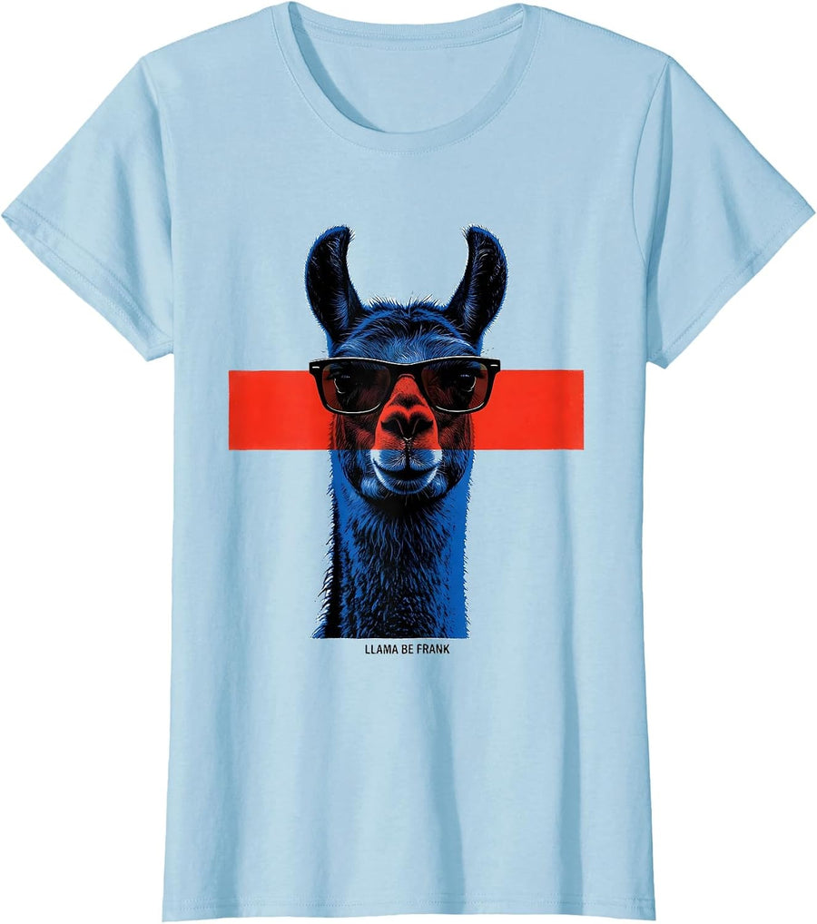 Women's Llama Be Frank Funny Animal Humor Sunglasses Llama Lover T-Shirt - Baby Blue