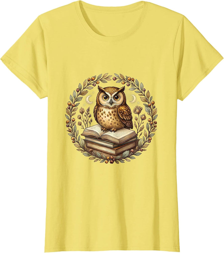 Women's Owl Perched on Stack of Books Illustration T-Shirt - Lemon Yellow