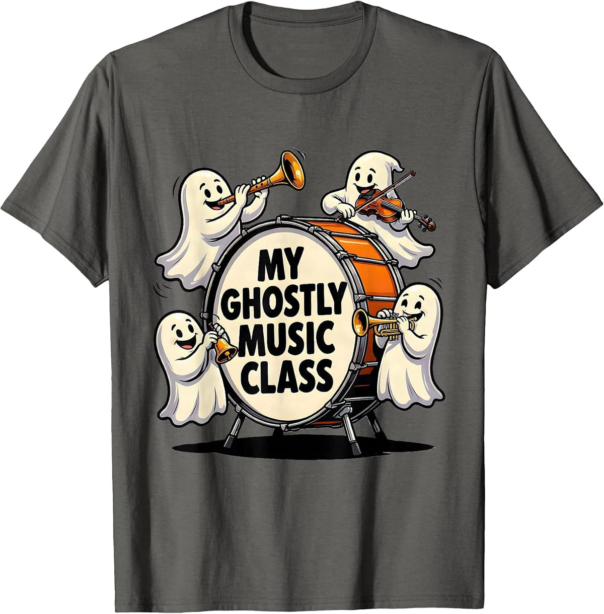 My Ghostly Music Class Cartoon Halloween Music Teacher Ghost T-Shirt - Asphalt Grey