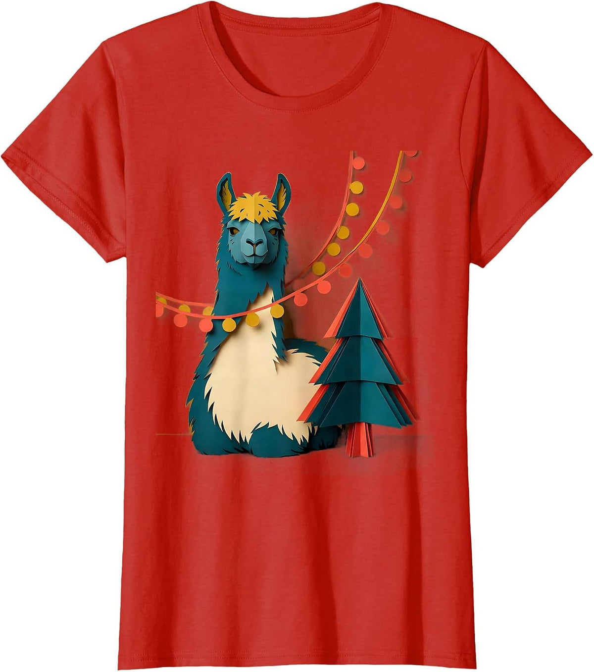 Seated Llama Paper Cutout Funny Christmas Animal Lover T-Shirt - Red