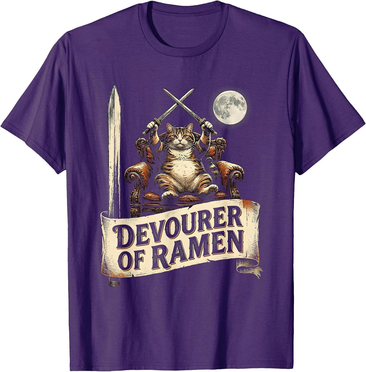 Men's Devourer of Ramen Vintage Chubby Cat Anime Funny Graphic T-Shirt - Purple