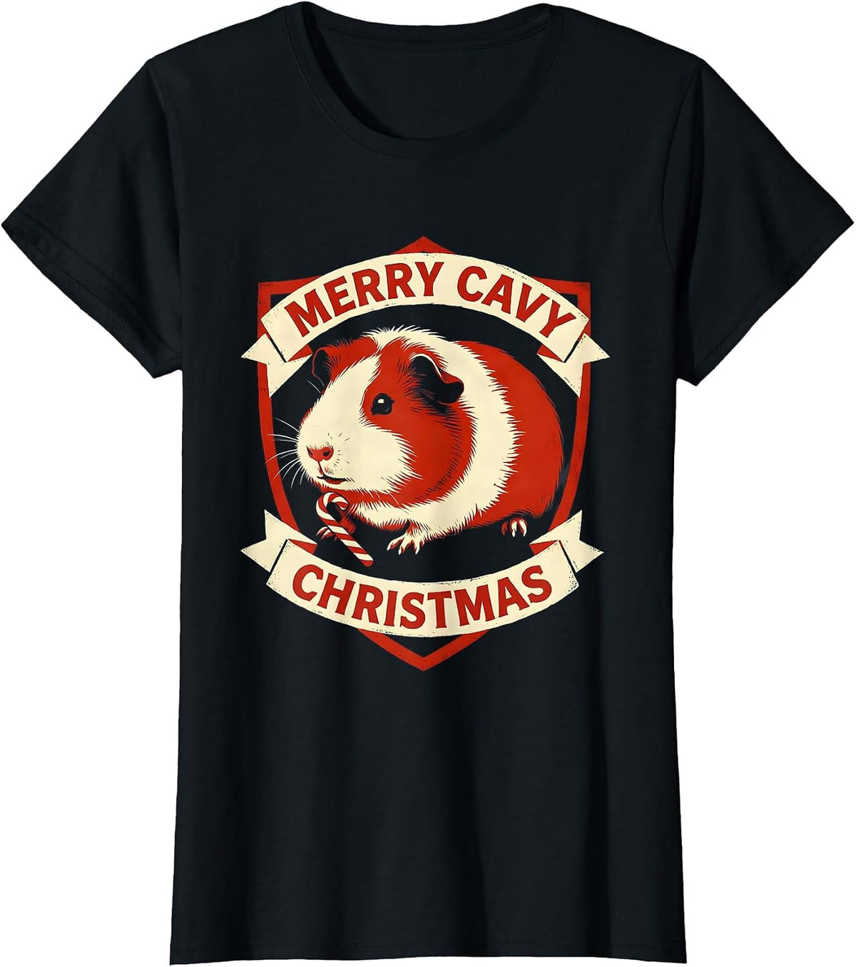 Women's Merry Cavy Christmas Funny Guinea Pig Pet Lover Holiday T-Shirt - Black