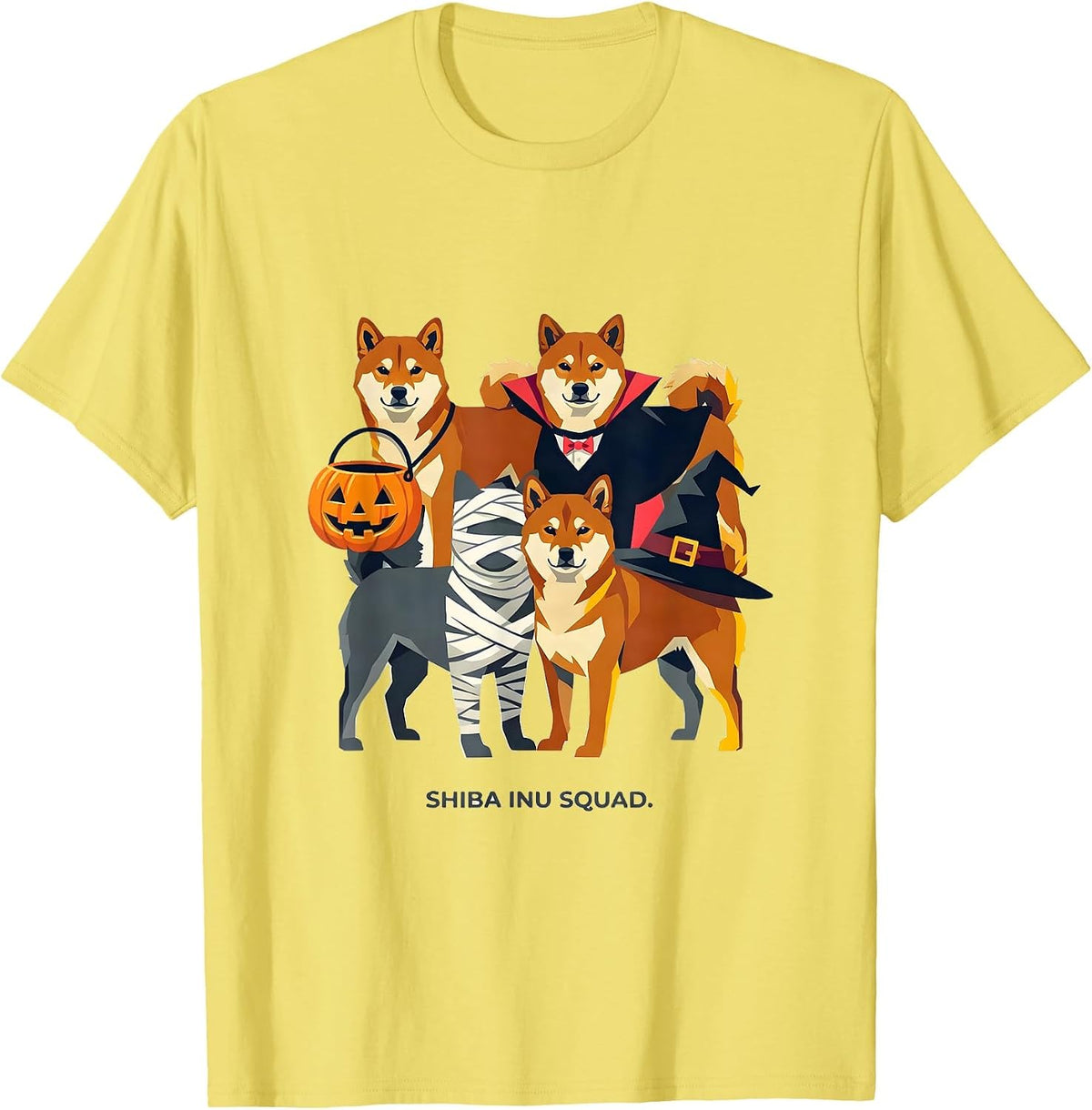 Men's Shiba Inu Squad Halloween Pumpkin Vampire Mummy Witch Dog T-Shirt - Lemon Yellow