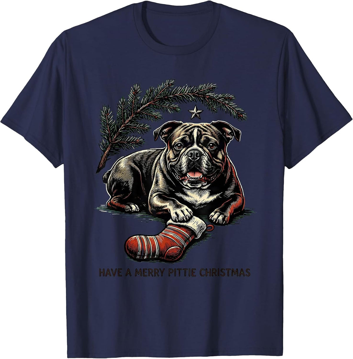 Have A Merry Pittie Christmas Funny Pitbull Lover Linocut T-Shirt - Navy Blue