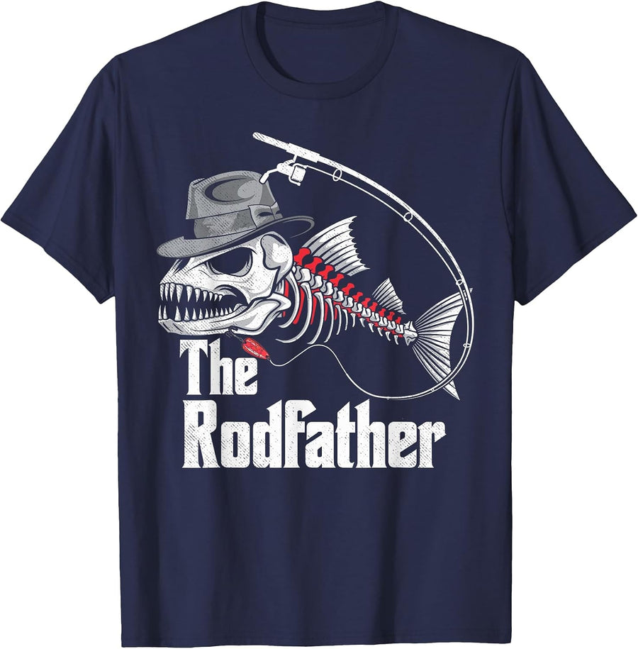 The Rodfather Fishing Dad Fish Skeleton Fisher Daddy Angler T-Shirt - Navy Blue