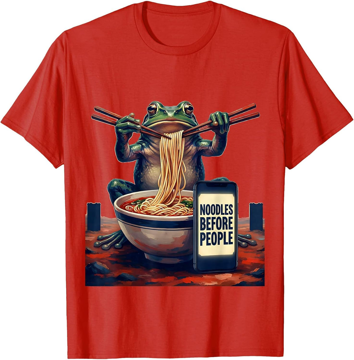 Men's Noodles Before People Funny Grumpy Frog Japanese Art Ramen T-Shirt - Red