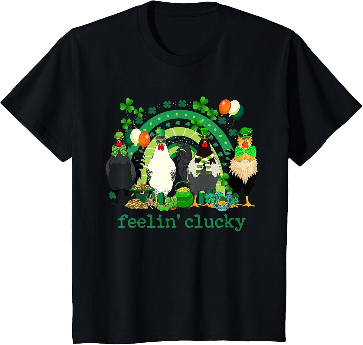 Feeling Clucky Chicken Rainbow Funny St Patricks Day Shamrock Tee T-Shirt - Black