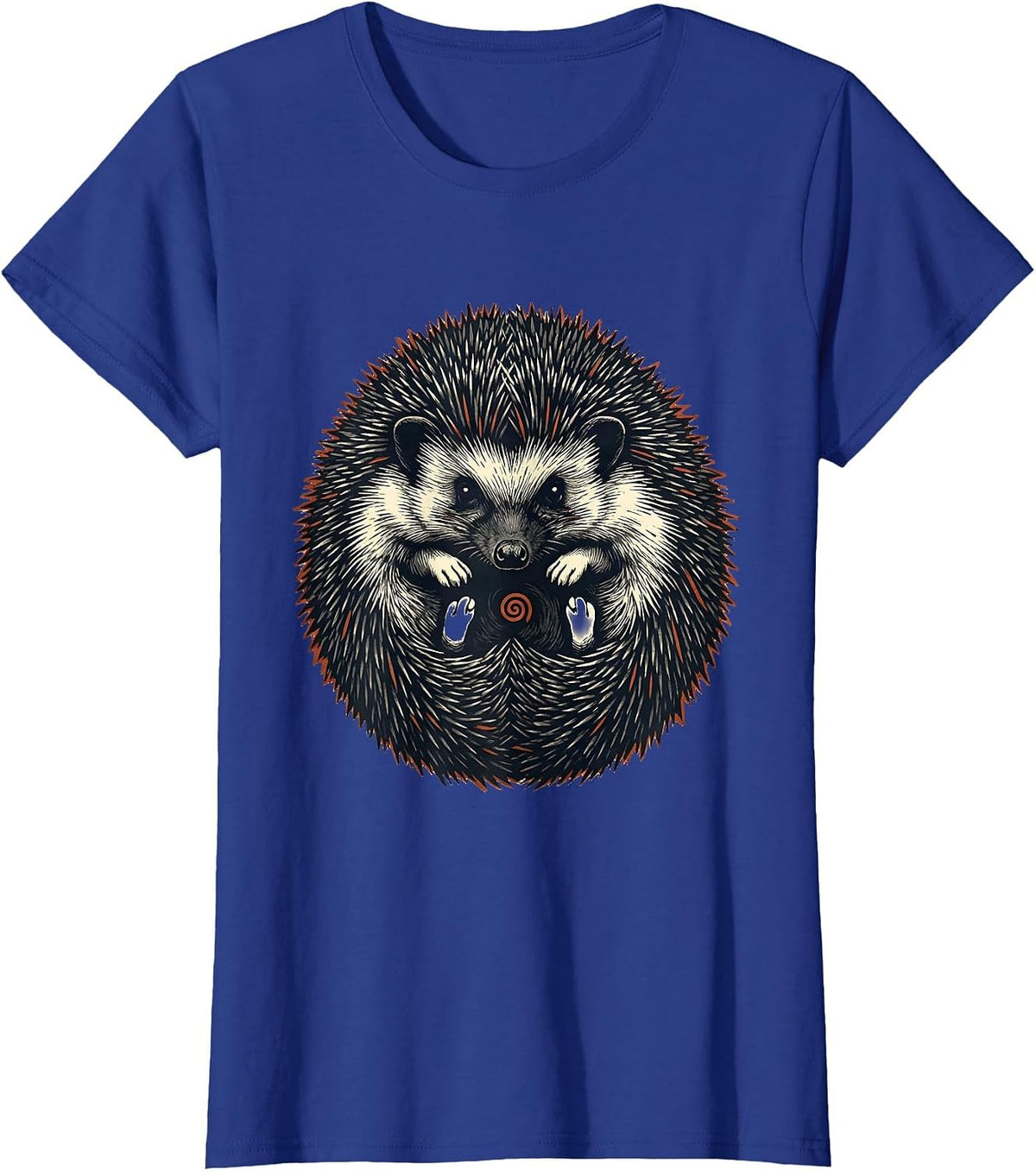 Women's Cute Curled Hedgehog Linocut Animal Lover Gift T-Shirt - Royal Blue