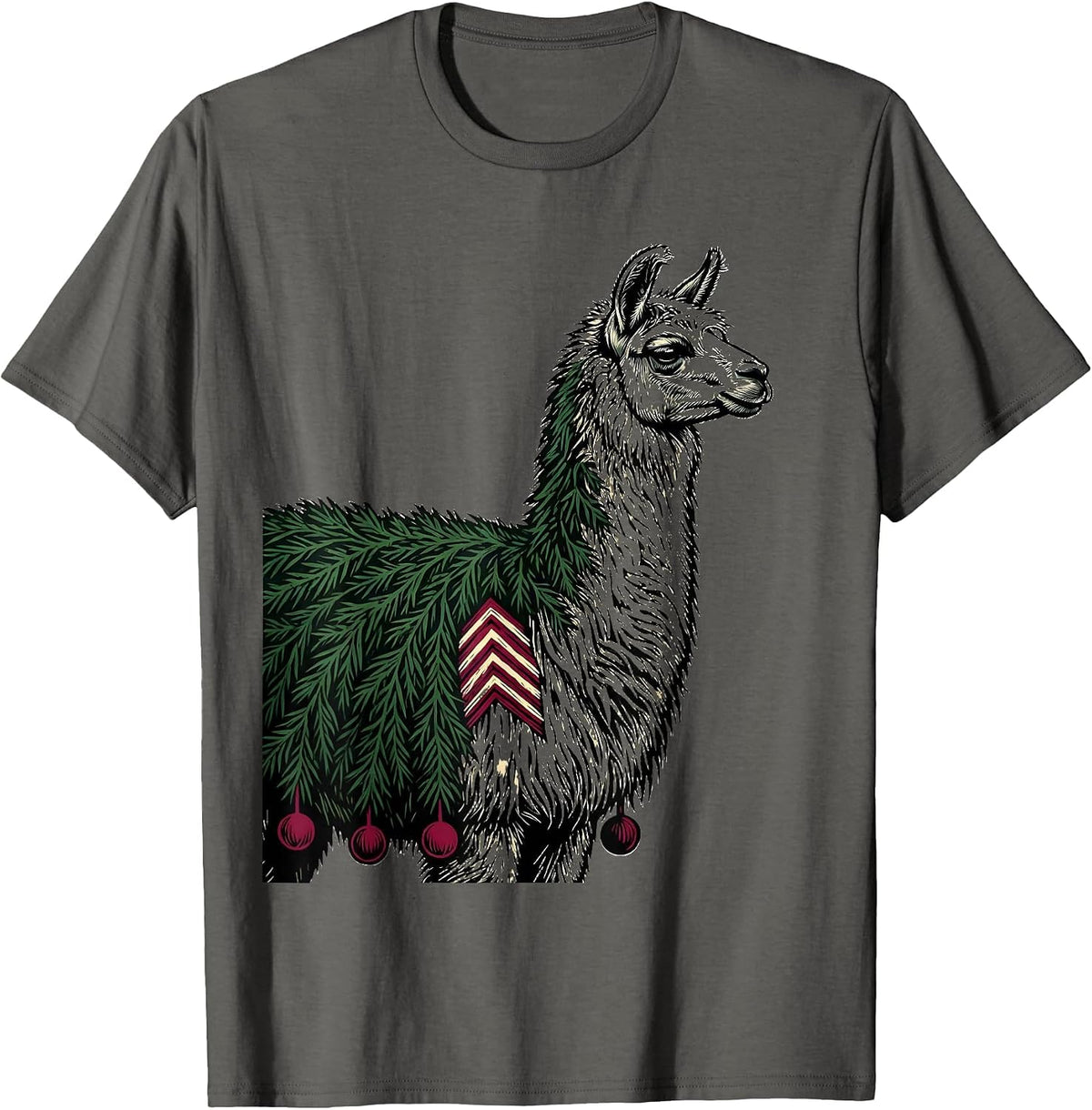 Llama Evergreen Linocut Christmas Animal Lover Gift T-Shirt - Asphalt Grey