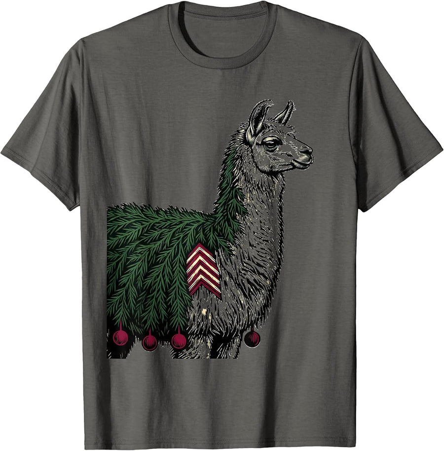 Llama Evergreen Linocut Christmas Animal Lover Gift T-Shirt - Asphalt Grey