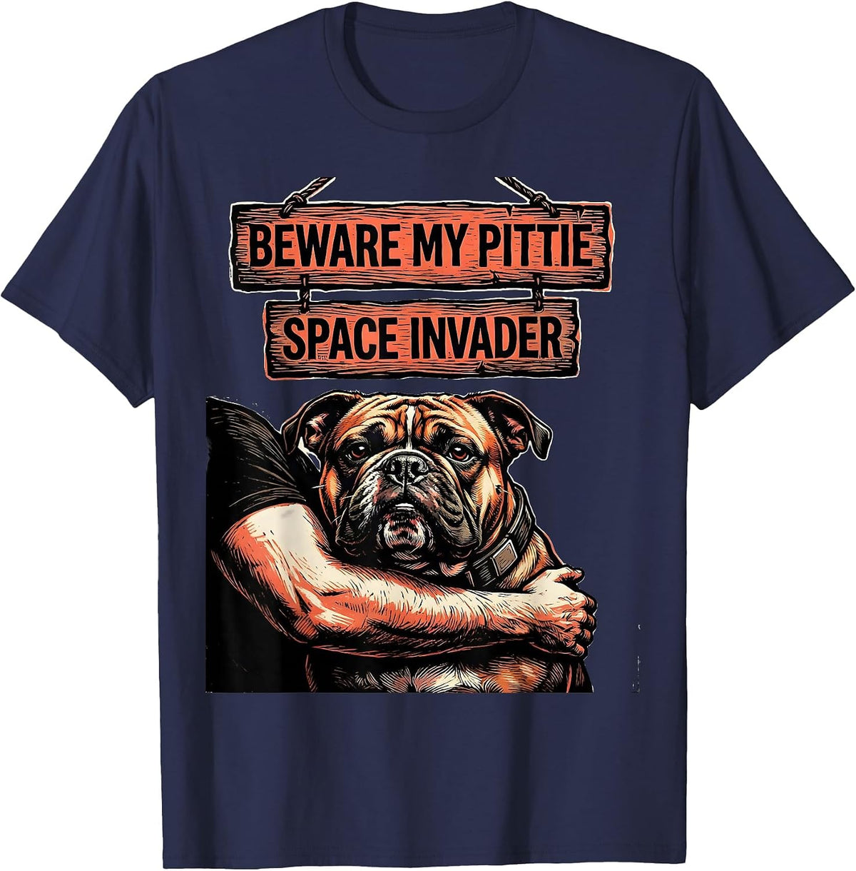 Beware My Pittie Space Invader Funny Pitbull Dog Lover T-Shirt - Navy Blue