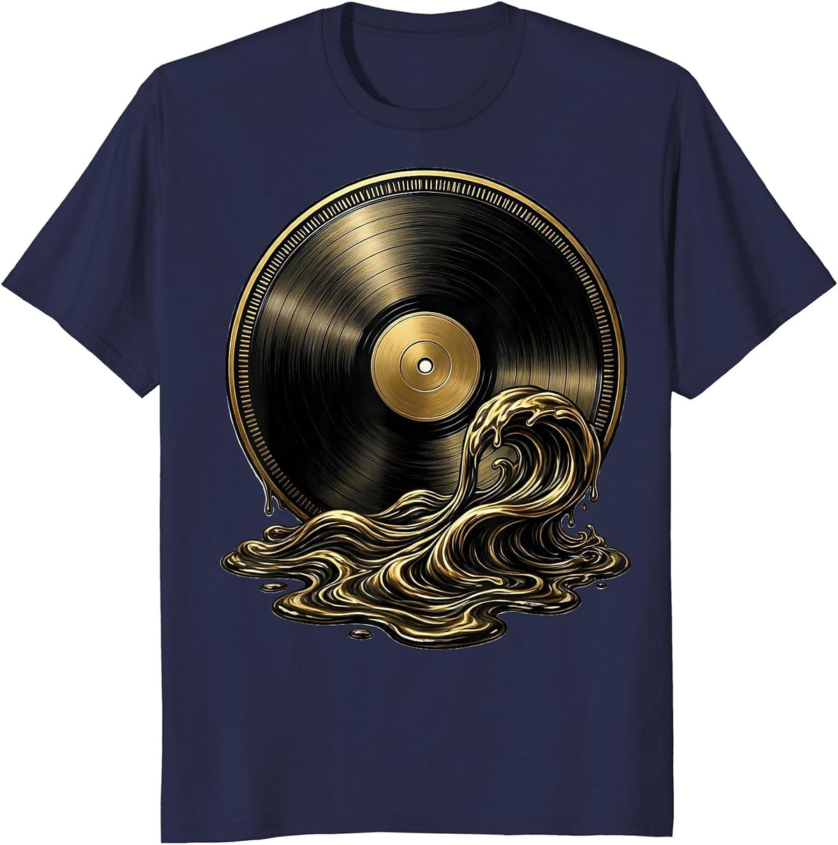 Men's Retro Melting Vinyl Record Liquid Waves Graphic T-Shirt - Navy Blue
