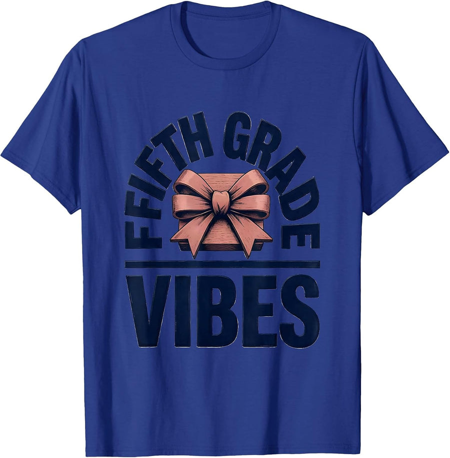 Fifth Grade Vibes Wood Type Letterpress Coquette Bow Back T-Shirt - Royal Blue