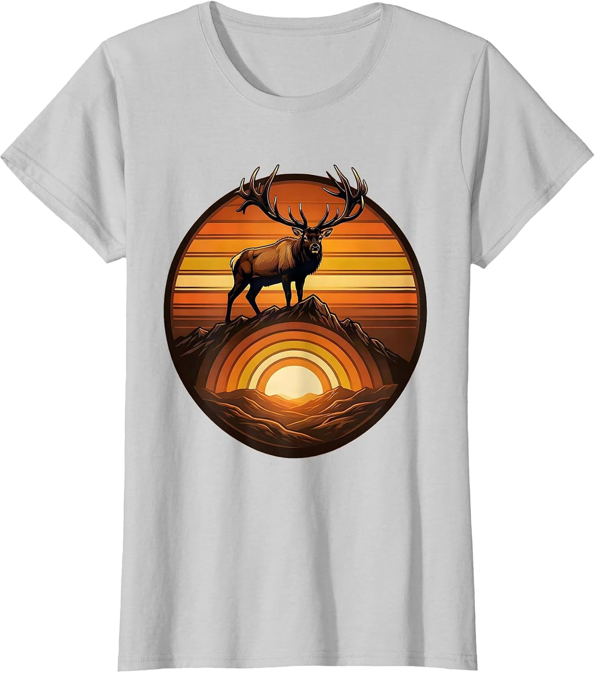 Elk Bugling on Misty Mountain Ridge Fall Design T-Shirt - Silver Grey