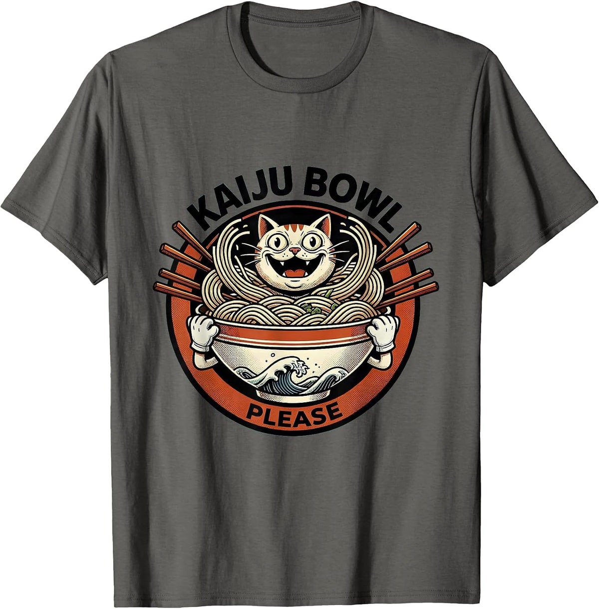 Kaiju Bowl Please Retro Cartoon Anime Cat Ramen Otaku Gift T-Shirt - Asphalt Grey