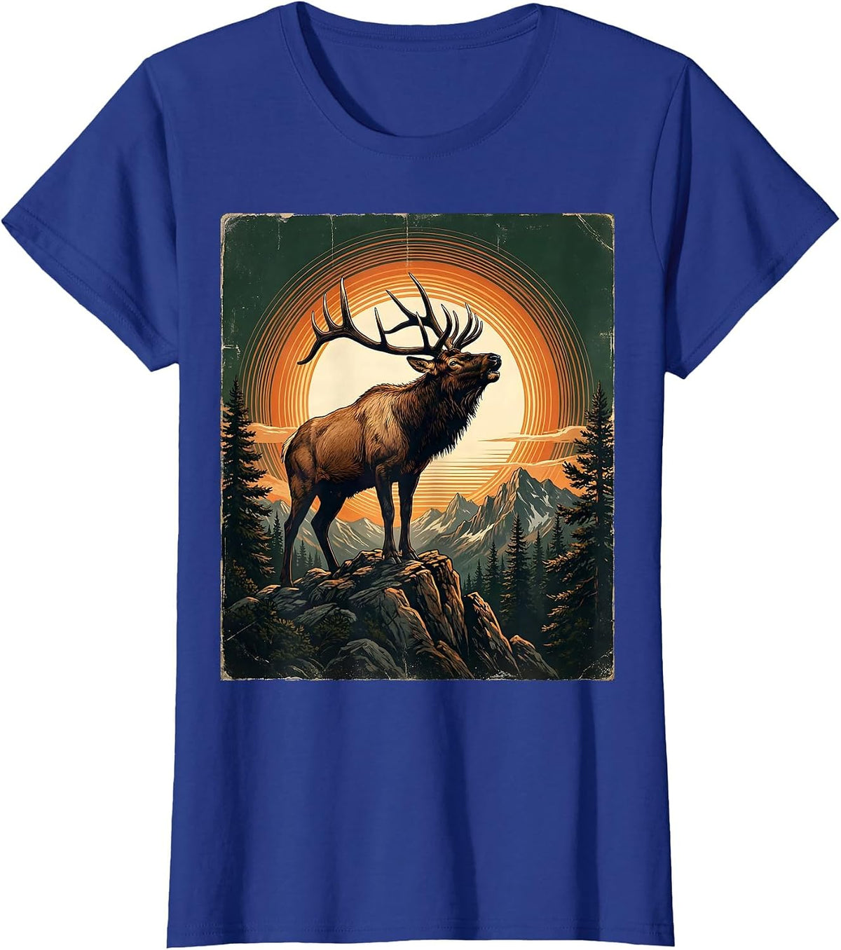Women's Elk Bugling at Mountain Peak Sunrise T-Shirt - Royal Blue