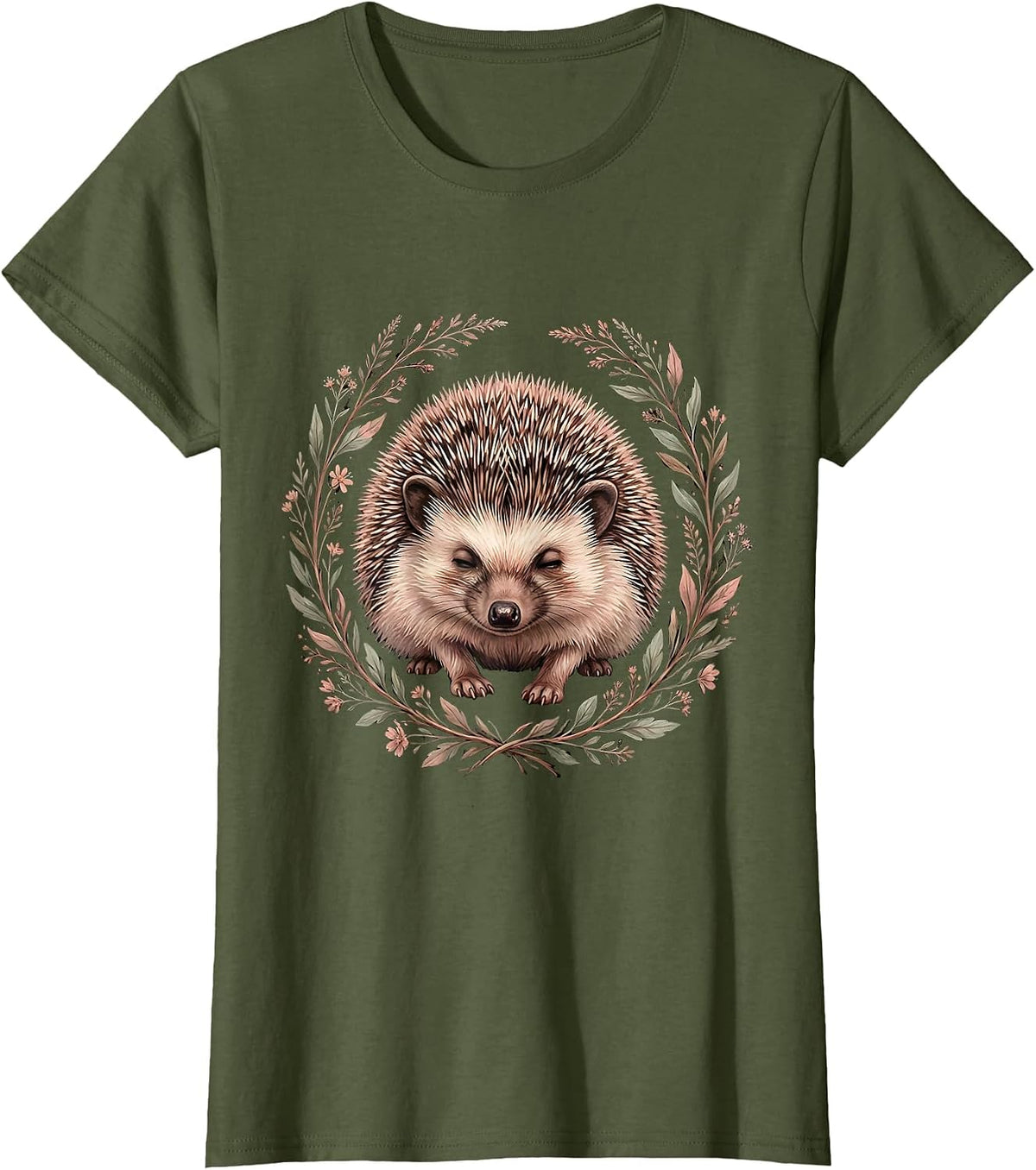 Women's Hedgehog Free Hugs Cute Cautious Hug Illustration T-Shirt - Olive Green