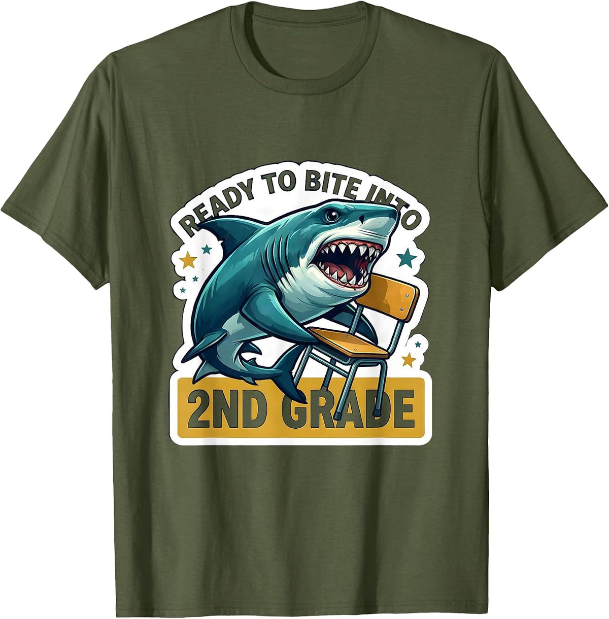 Ready To Bite Into 2nd Grade Funny Shark Back to School Kids T-Shirt - Olive Green