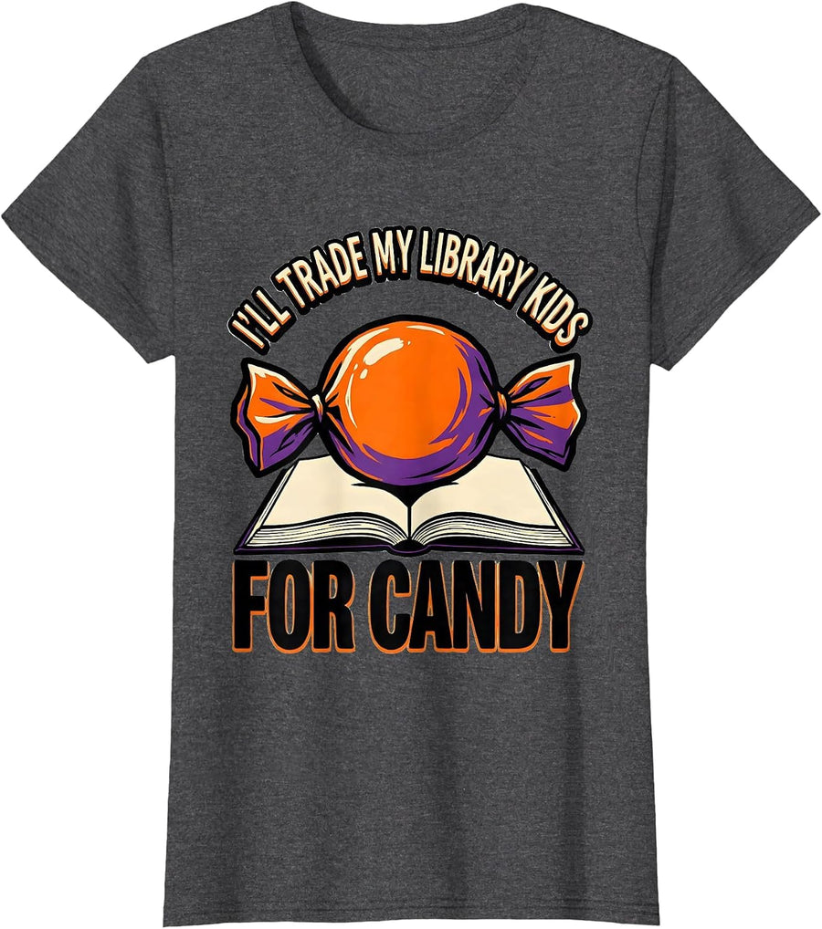 Women's I'll Trade My Library Kids For Candy Funny Teacher Halloween T-Shirt - Dark Heather Grey