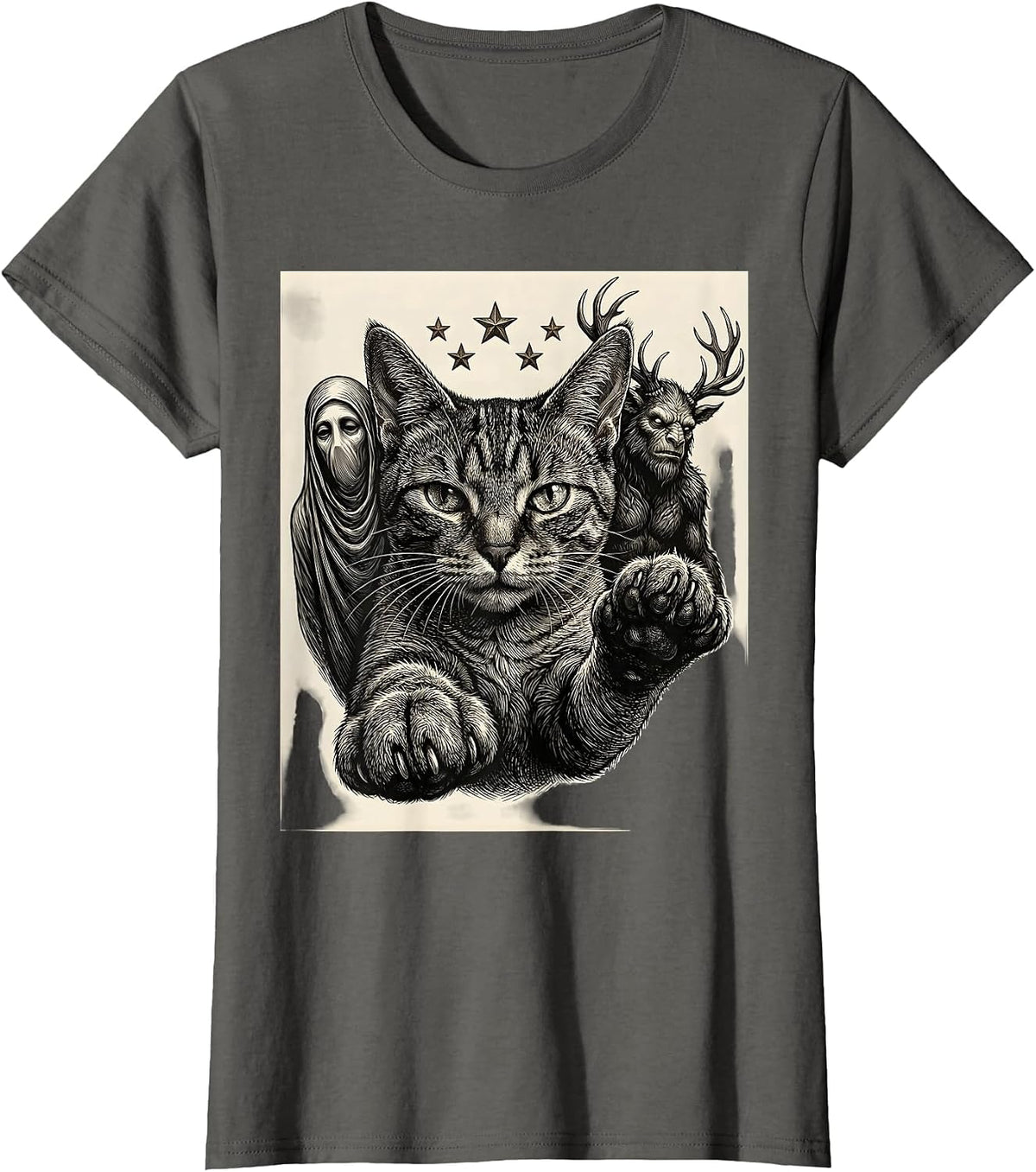Women's Cat Selfie With Cryptid Skeleton Funny Cat Lover T-Shirt - Asphalt Grey