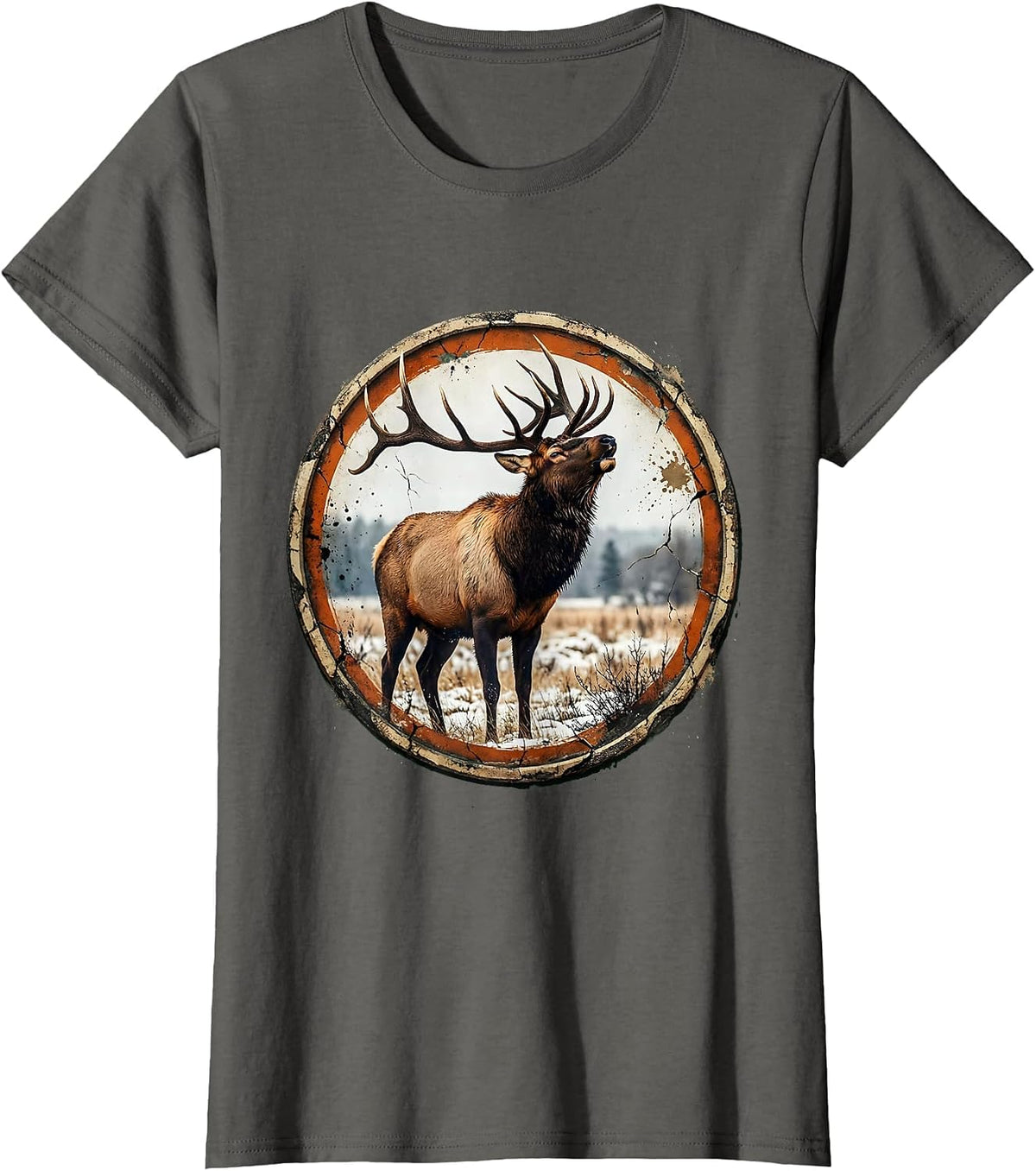 Women's Bull Elk Bugling in Snowy Meadow Illustration T-Shirt - Asphalt Grey