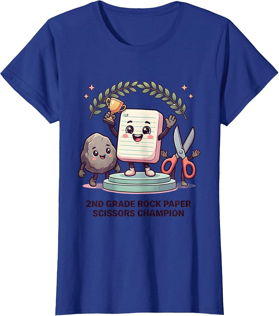 2nd Grade Rock Paper Scissors Champion Cute Kawaii Back T-Shirt, Women, Royal Blue, Medium - As Pictured