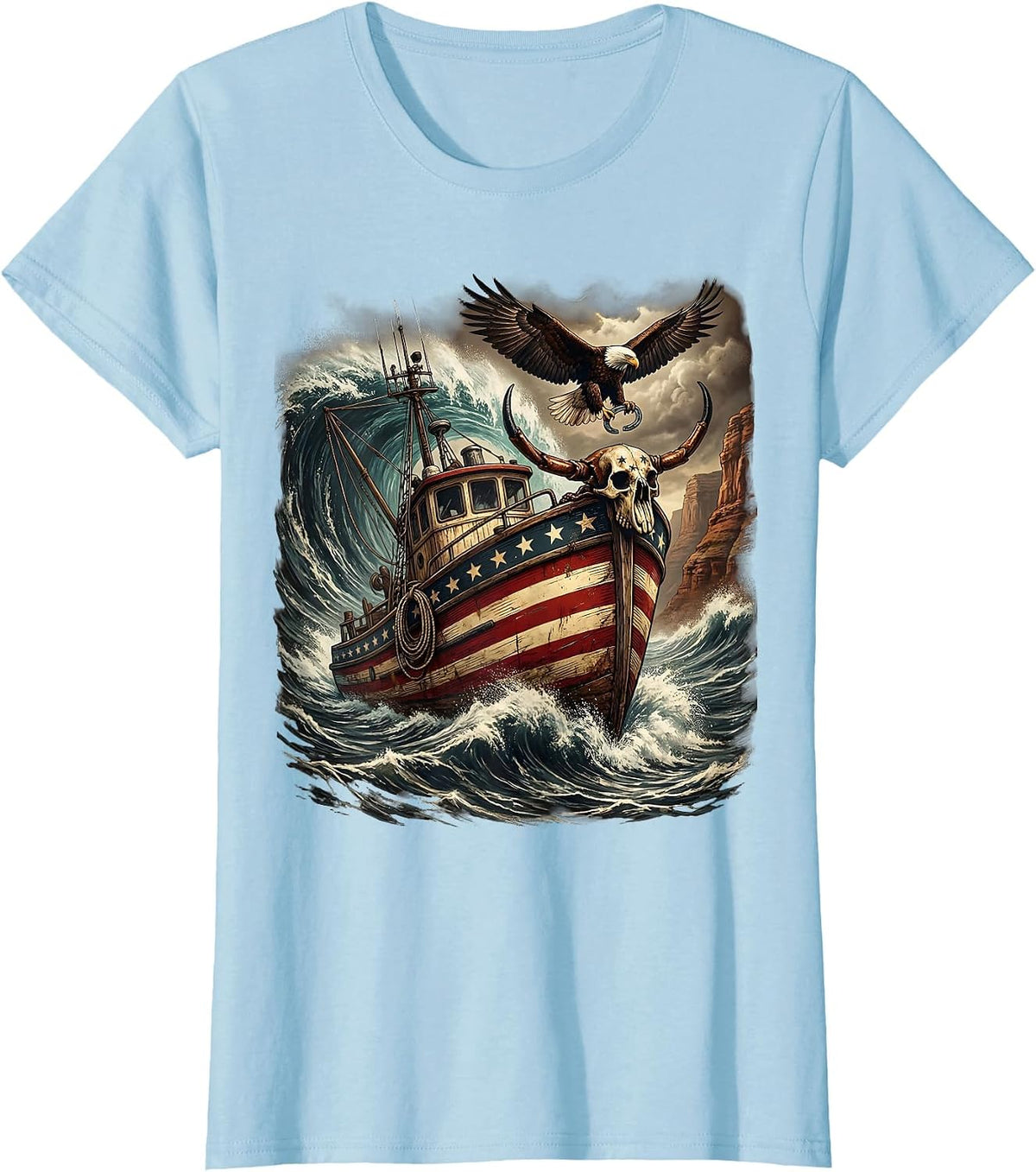 Gulf of America Crab Boat Storm Waves Illustration T-Shirt - Baby Blue