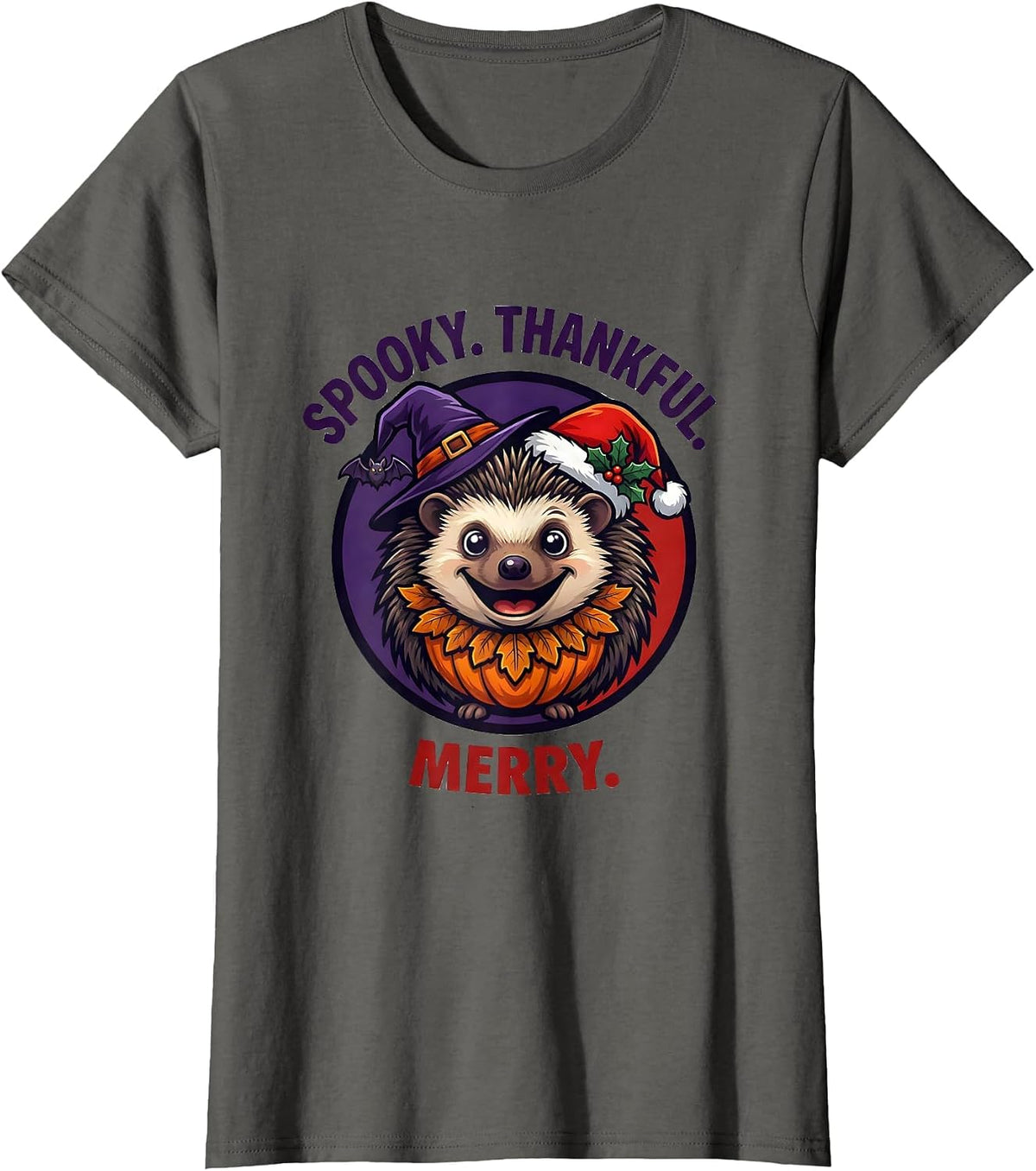 Women's Spooky Thankful Merry Mascot Logo Tri Holiday Halloween T-Shirt - Asphalt Grey