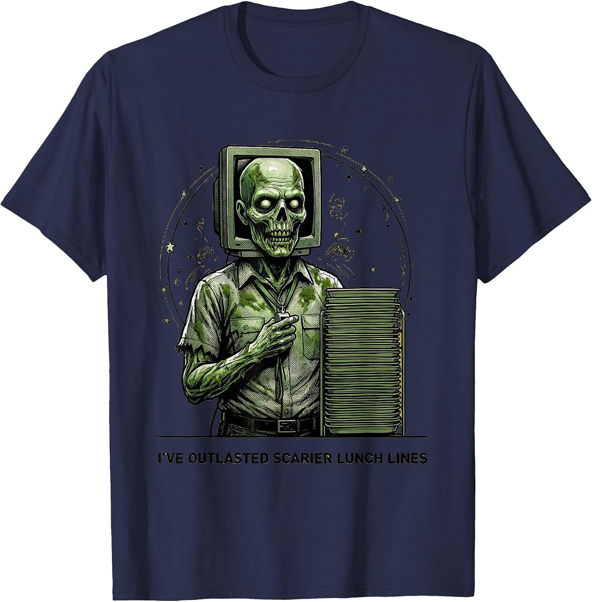 Men's I've Outlasted Scarier Lunch Lines Funny Teacher Halloween T-Shirt - Navy Blue