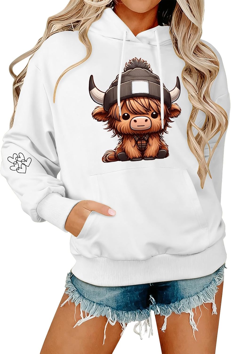 Highland Cow Hoodie For Women Oversized Graphic Hooded Sweatshirts Long Sleeve Drop Shoulder Drawstring Pullover Tops - A31