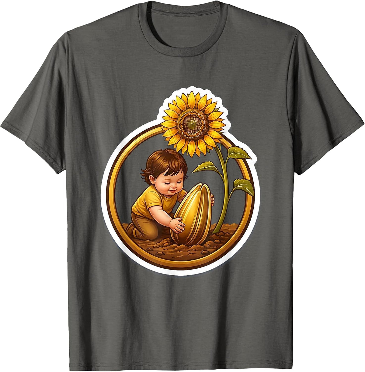 Down Syndrome Awareness Child Planting Sunflower T-Shirt - Asphalt Grey