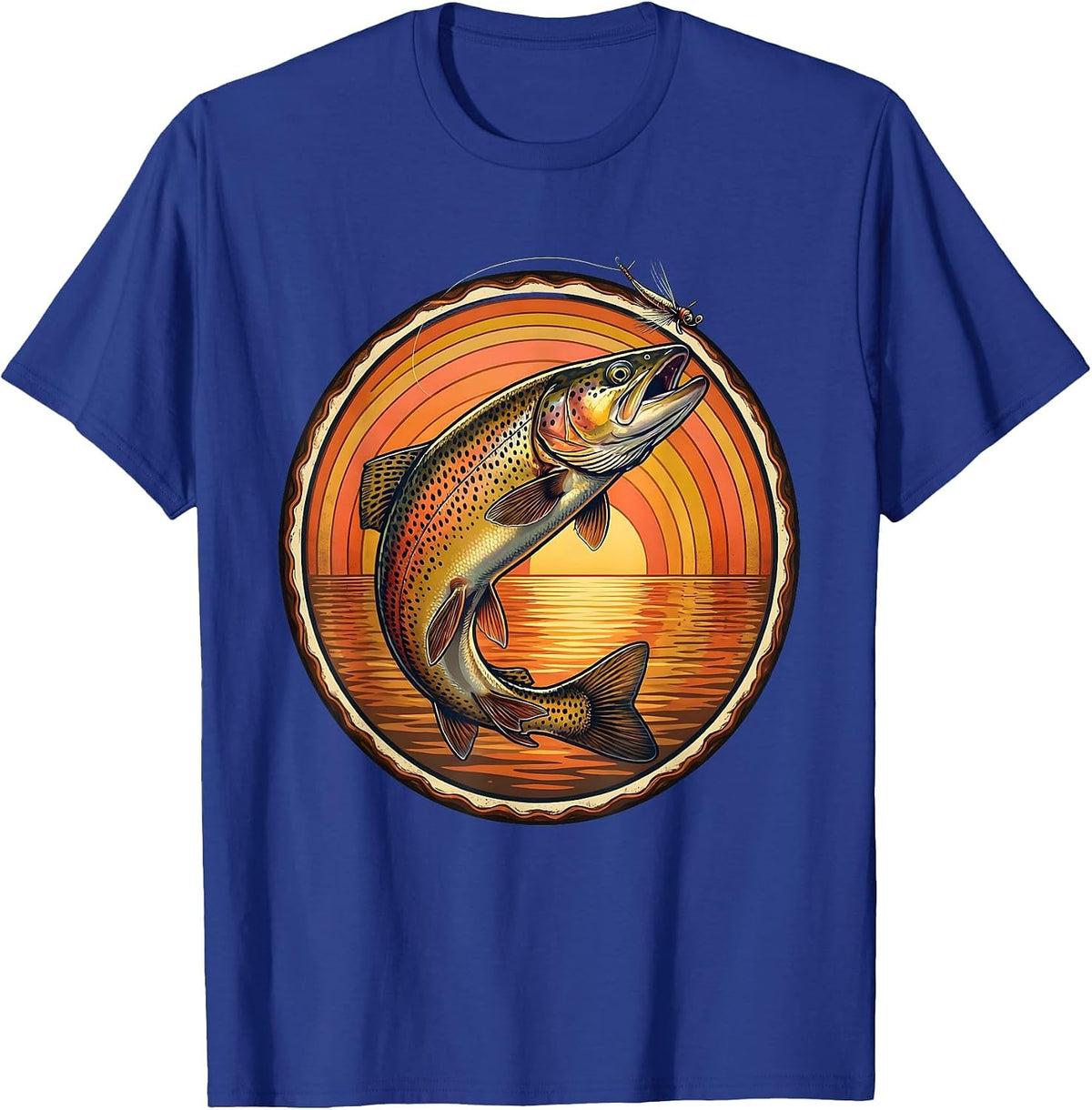 Trout Rising to Surface Fly Fishing Illustration T-Shirt - Royal Blue