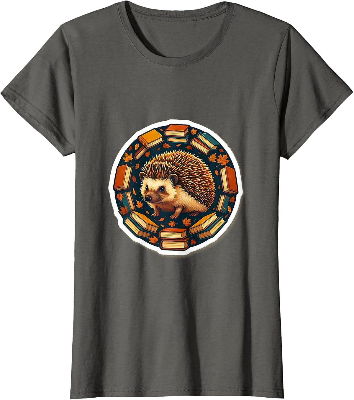 Women's Fall Teacher Hedgehog with Stacked Books Design T-Shirt - Asphalt Grey