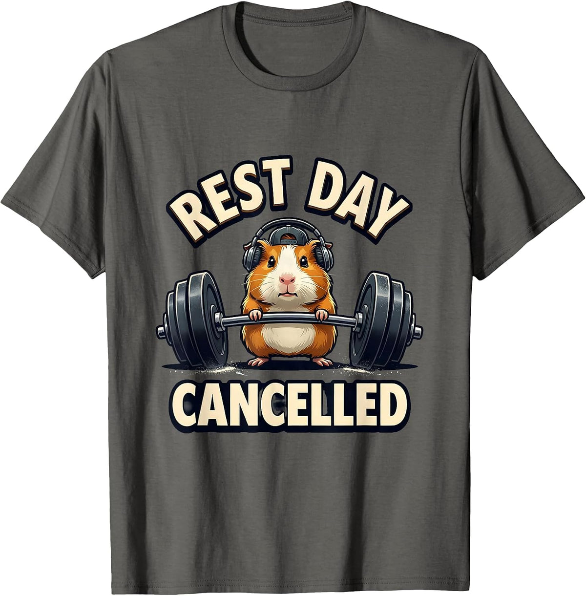 Men's Rest Day Cancelled Funny Guinea Pig Weightlifting Gym Meme T-Shirt - Asphalt Grey