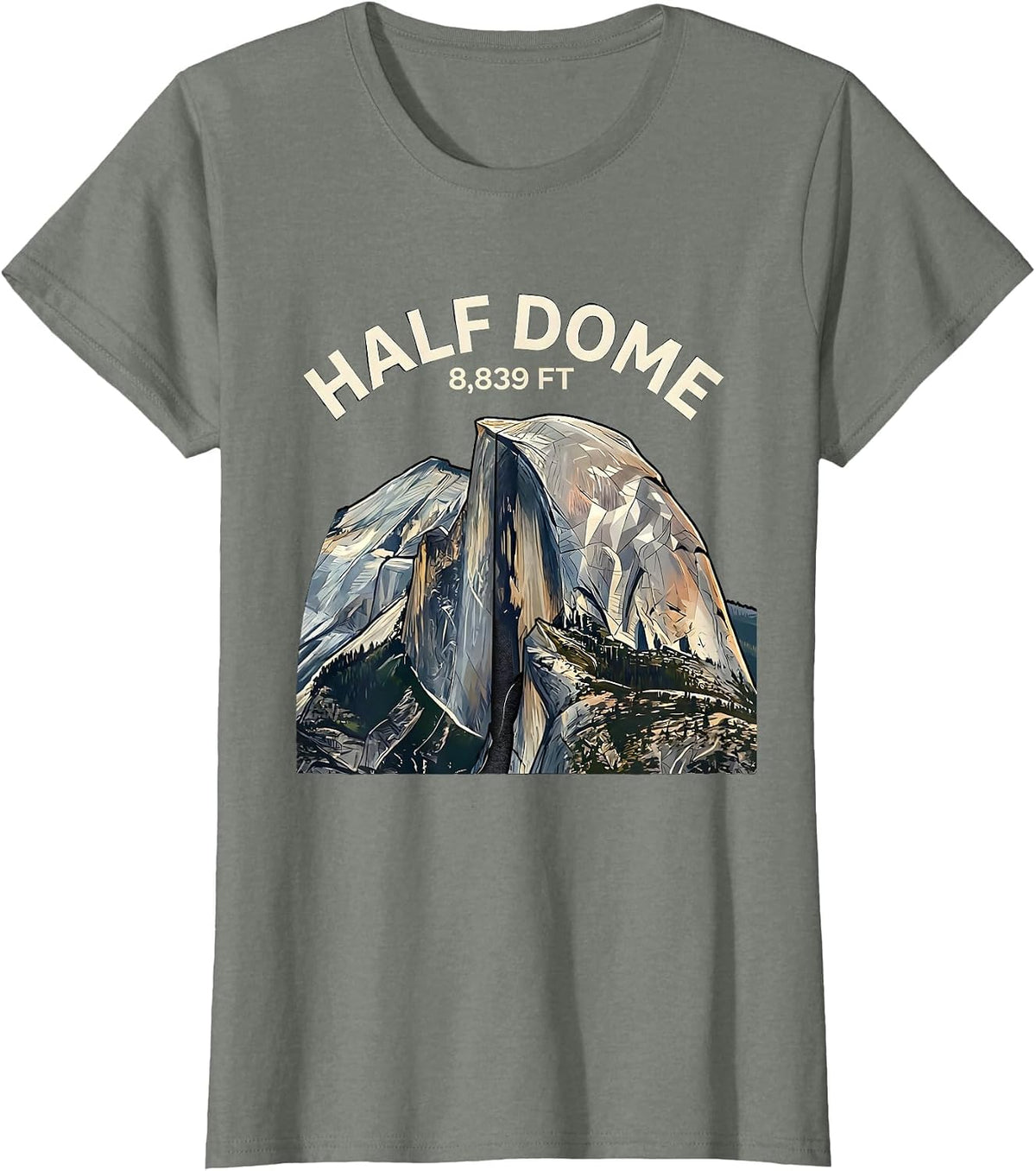 Women's Half Dome 8,839 FT Exploded View Technical Yosemite Hiker T-Shirt - Olive Heather