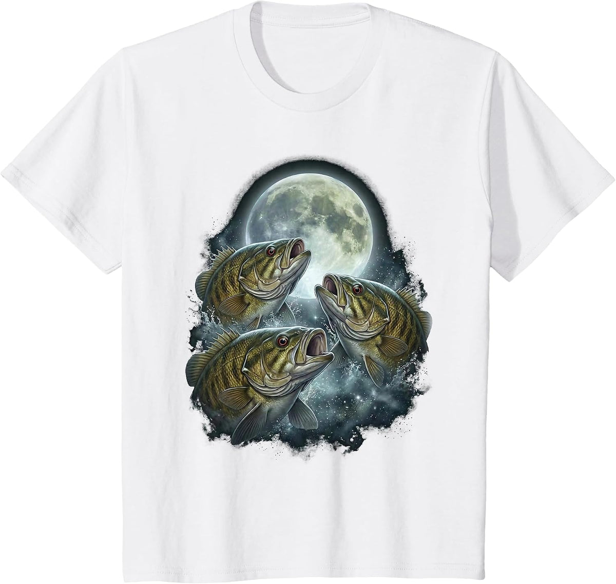 Smallmouth Bass Howling Moon Design Vintage Bass Fishing T-Shirt - White