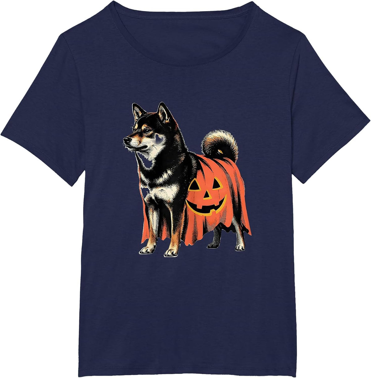 Women's Shiba Inu Ghost Pumpkin Midcentury Modern Halloween T-Shirt - Navy Blue