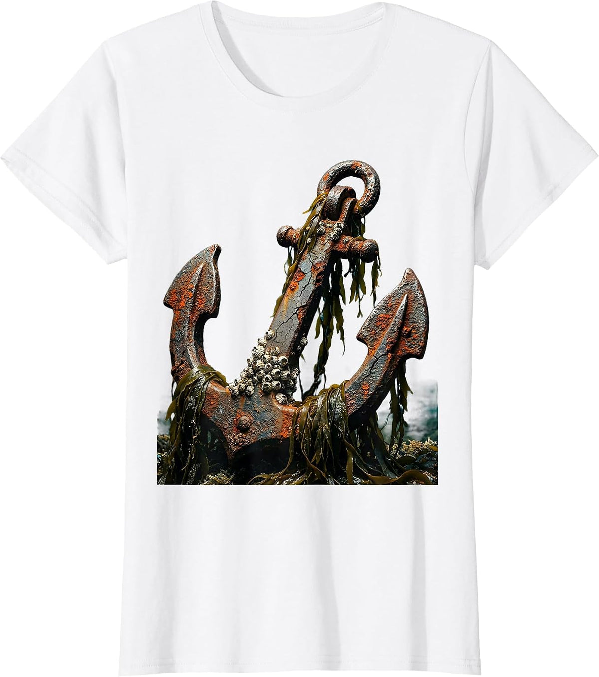 Sunken Anchor Barnacles and Seaweed Sailor Art T-Shirt - White