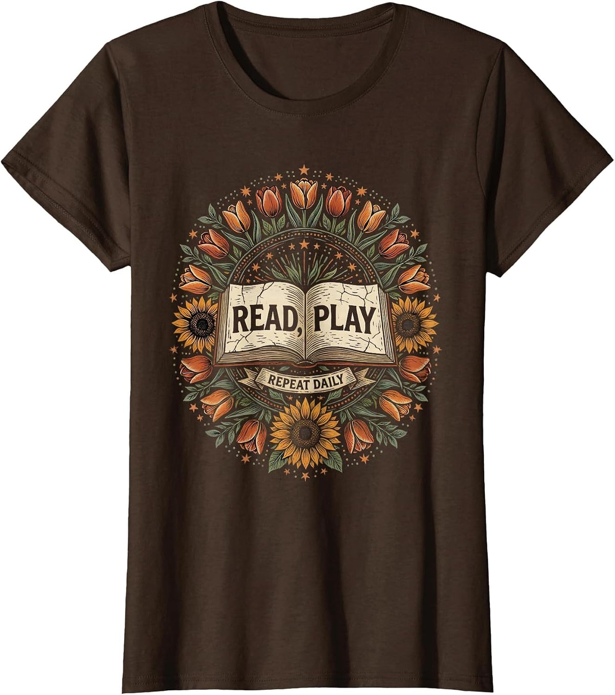 Women's Read Play Repeat Daily Preschool Teacher Design T-Shirt - Brown