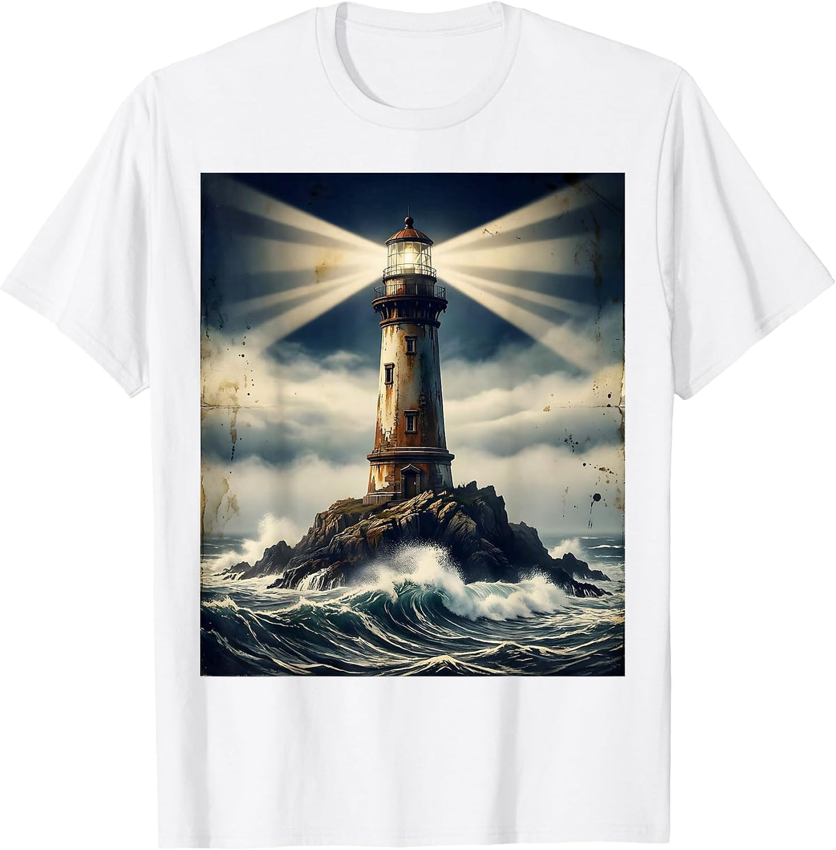 Men's Lighthouse Beam Through Night Fog Sailor Design T-Shirt - White