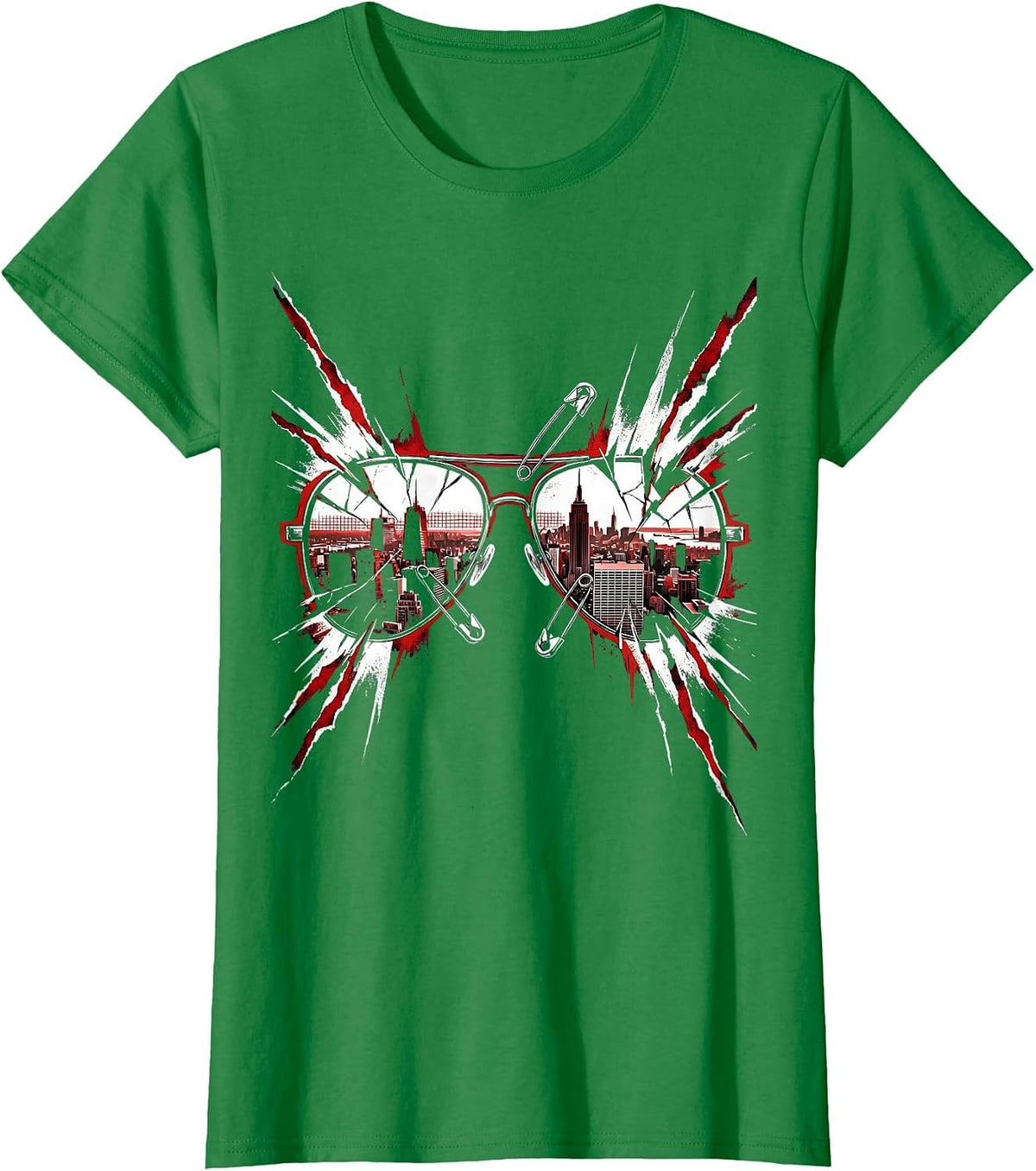 Women's Retro Synthwave Cityscape Reflective Sunglasses T-Shirt - Kelly Green