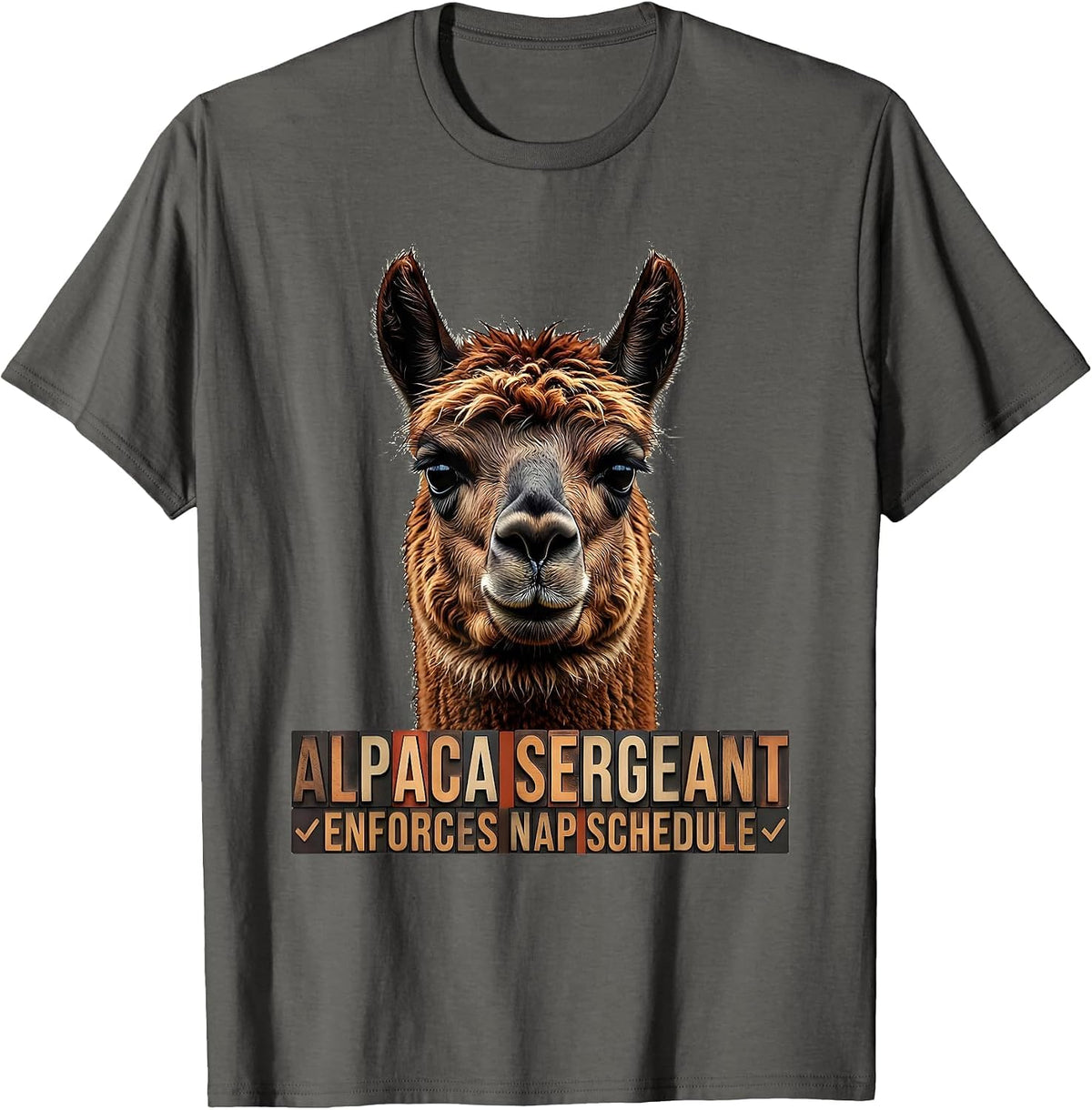Men's Alpaca Sergeant Enforces Nap Schedule Funny T-Shirt - Asphalt Grey