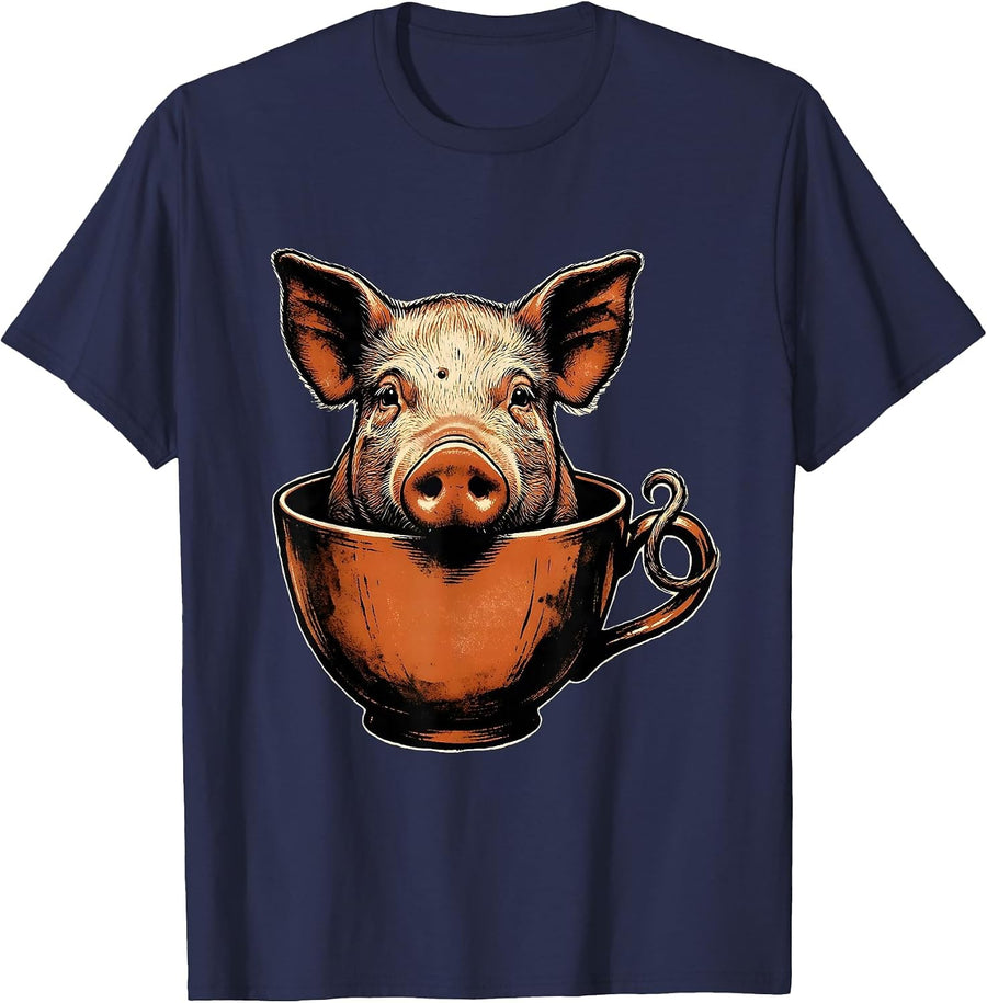 Pig In Teacup Rubber Stamp Funny Farm Animal Lover T-Shirt - Navy Blue