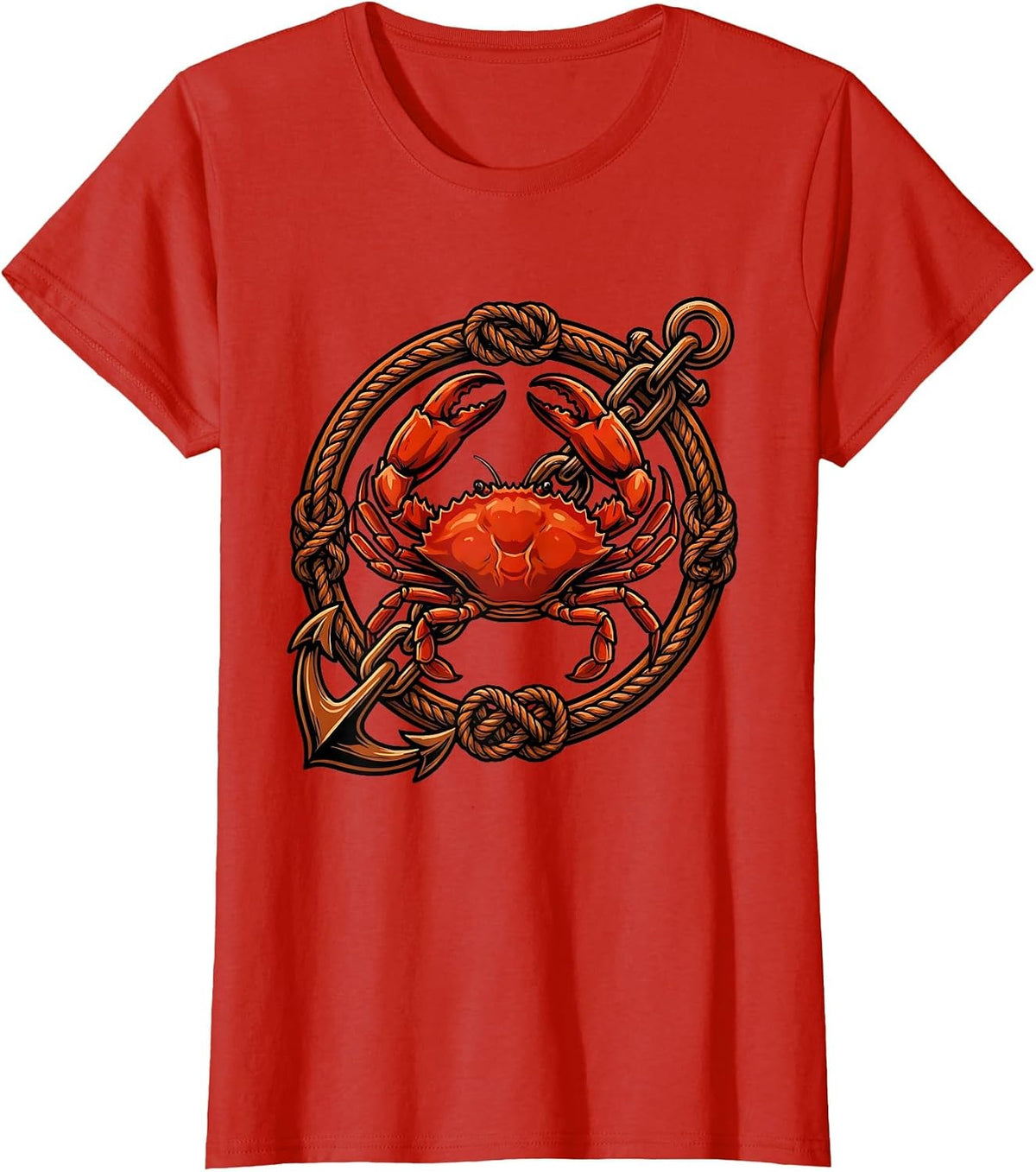 Women's Crab and Rusty Anchor Chain Nautical Graphic T-Shirt - Red