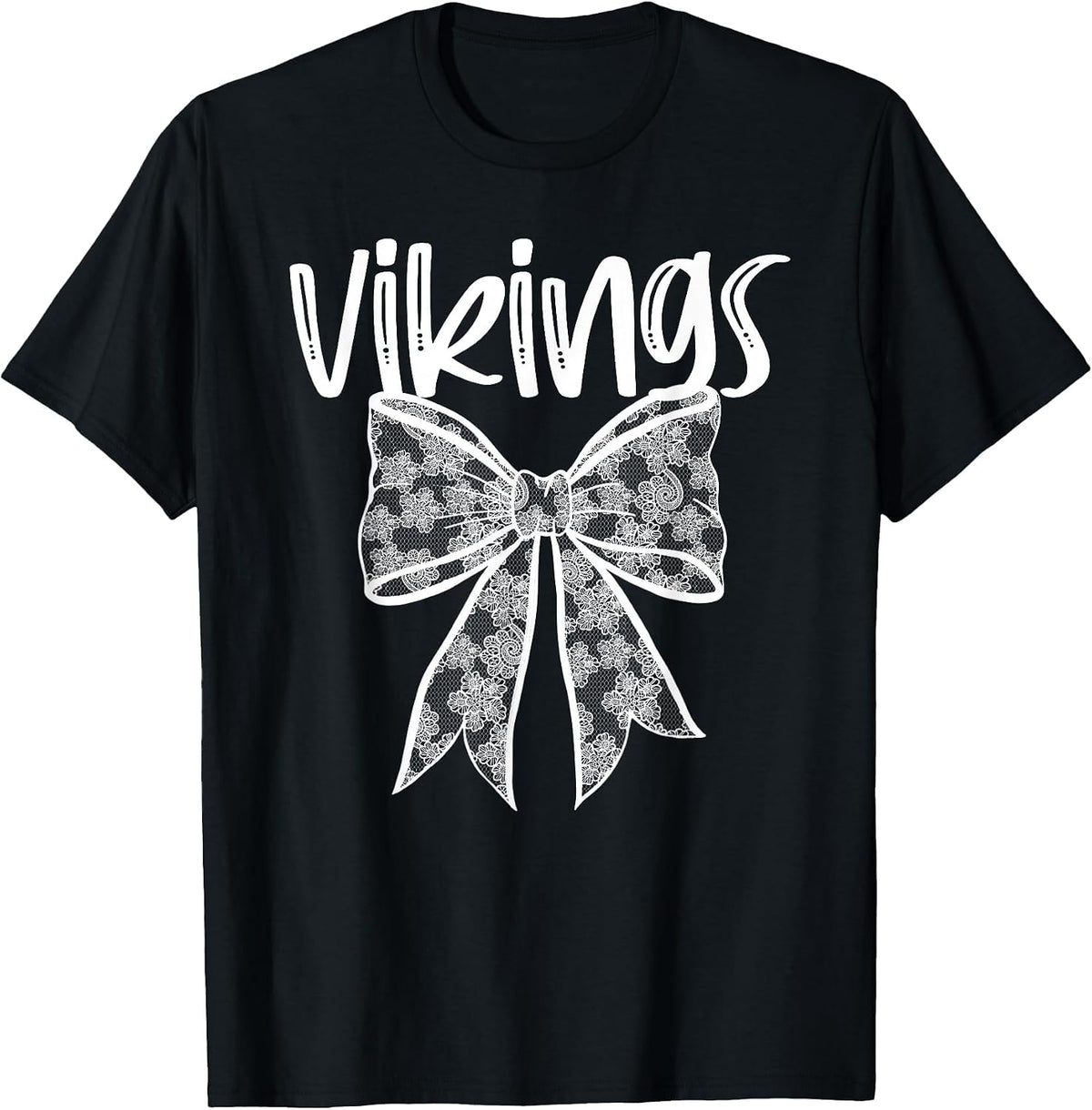 Vikings Coquette Aesthetic Girly Team Mascot Lace Bow Preppy T-Shirt - Black