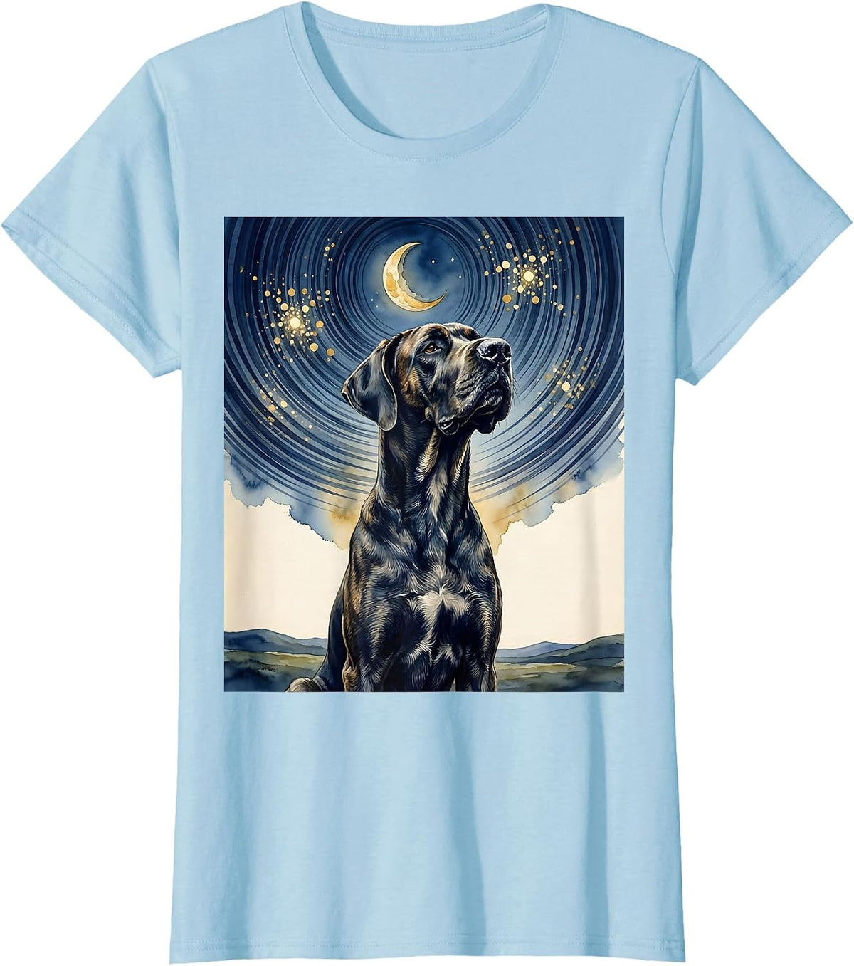 Women's Great Dane Van Gogh Style Starry Night Portrait T-Shirt - Baby Blue
